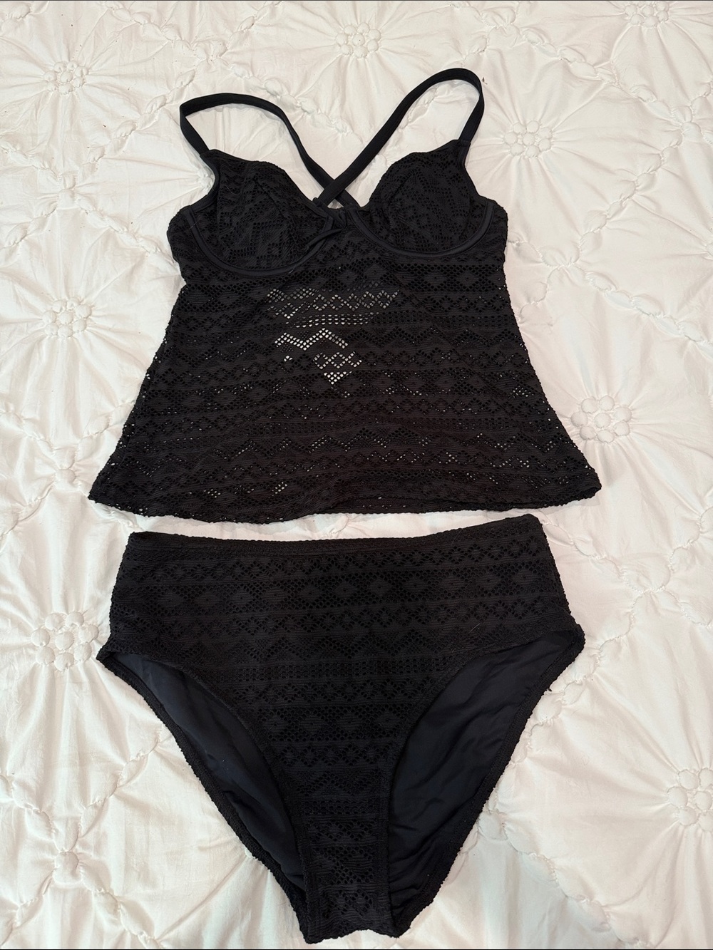 Cupshe Black Lace Tankini Set with High Waist Bottoms